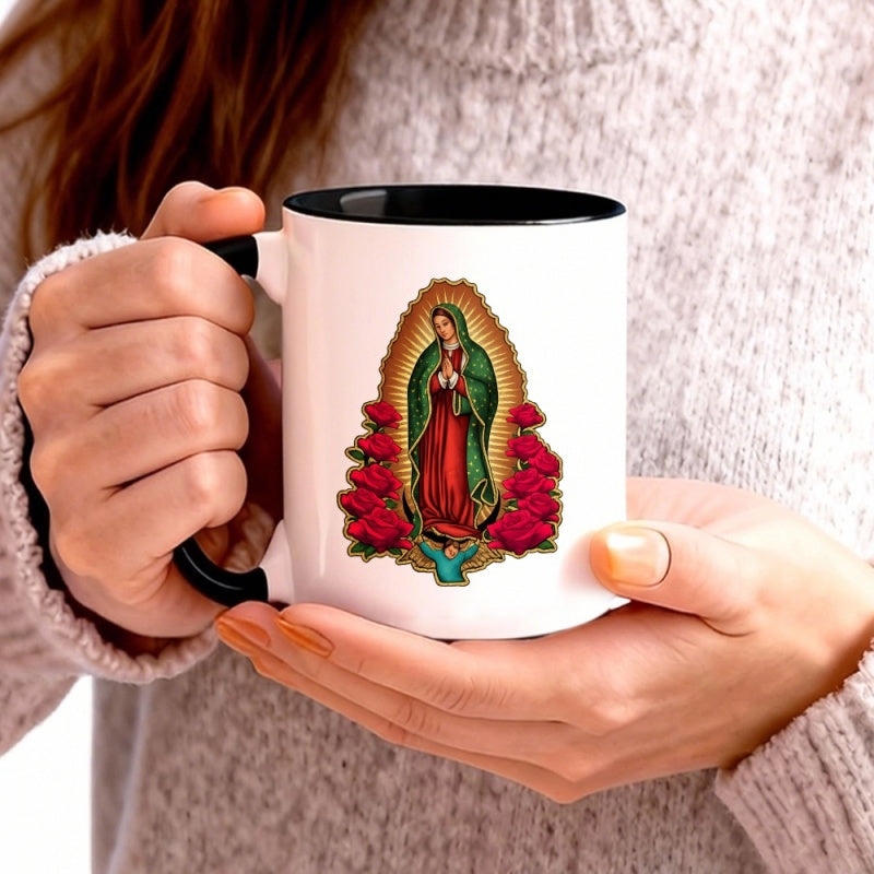 Tailorly Black Accent 11 oz Mug - roses and religious icon spanish