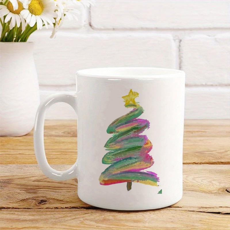 Tailorly White Ceramic 11 oz Mug - Artistic Colorful Brush Strokes Forming A Festive Star Topped Christmas Tree
