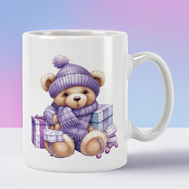 Tailorly White Ceramic 11 oz Mug - Cute Winter Bear Wearing Purple Knitted Hat And Scarf Among Wrapped Gifts Bear