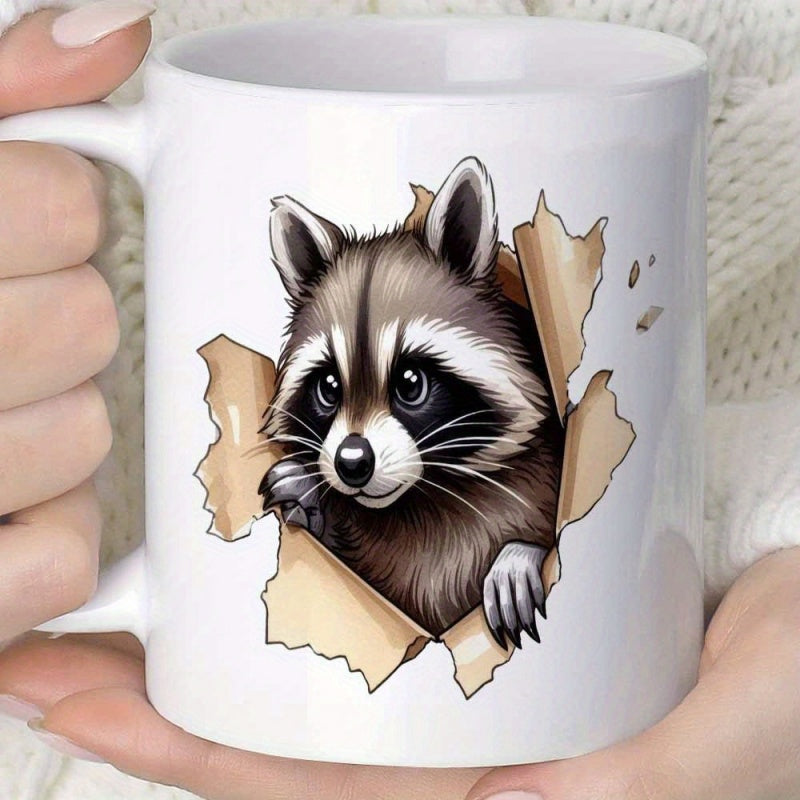 Tailorly White Ceramic 11 oz Mug - Cute Furry Animal Peering Through Torn Paper With Curious Eyes Raccoon