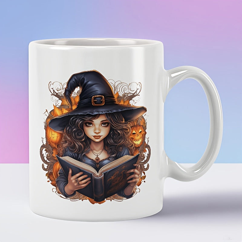 Tailorly White Ceramic 11 oz Mug - Young Enchantress Reading Ancient Spellbook Surrounded By Glowing Jack O Lanterns Witch