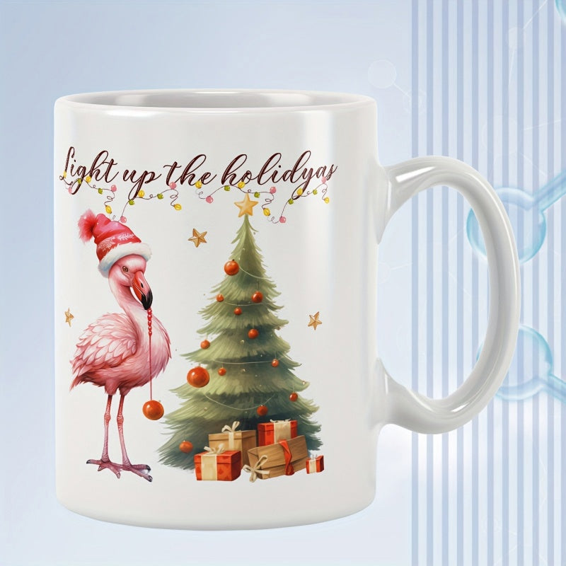 Tailorly White Ceramic 11 oz Mug - Light Up The Holidays Festive Pink Bird Wearing Red Santa Hat Beside Decorated Tree With Gifts Flamingo