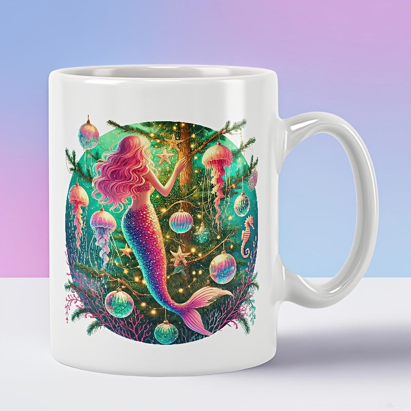 Tailorly White Ceramic 11 oz Mug - Pink Haired Character Decorating Underwater Tree With Glowing Bubbles And Jellyfish Mermaid