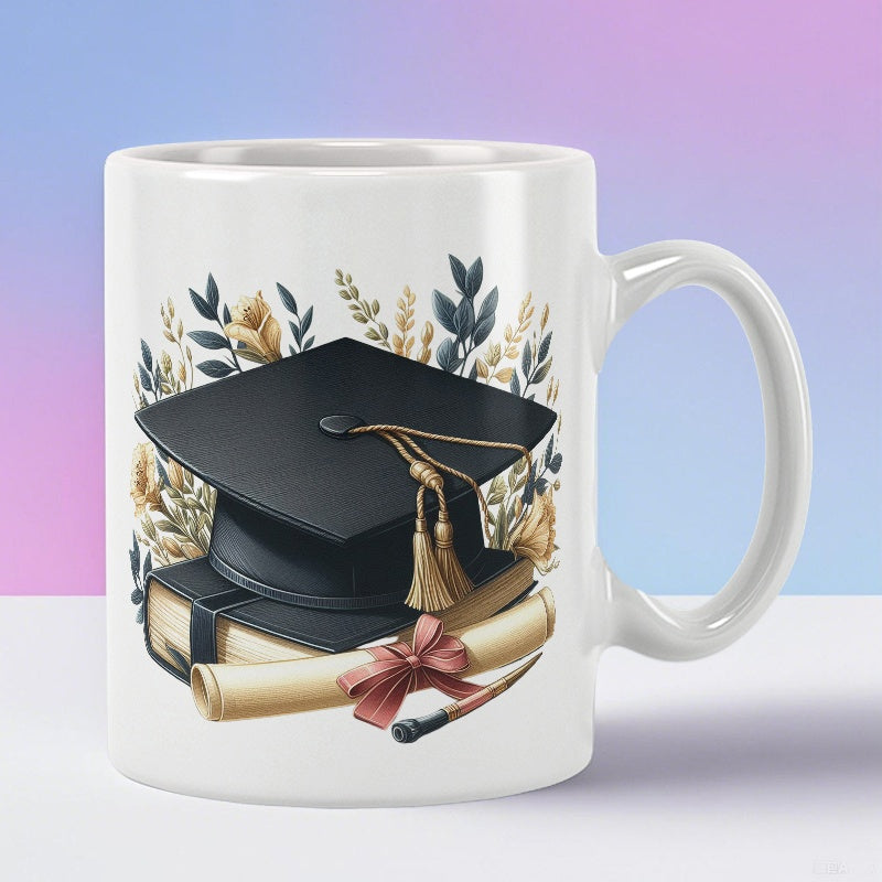 Tailorly White Ceramic 11 oz Mug - Classic Graduation Mortarboard Sitting On A Scroll And Stacked Books Cap