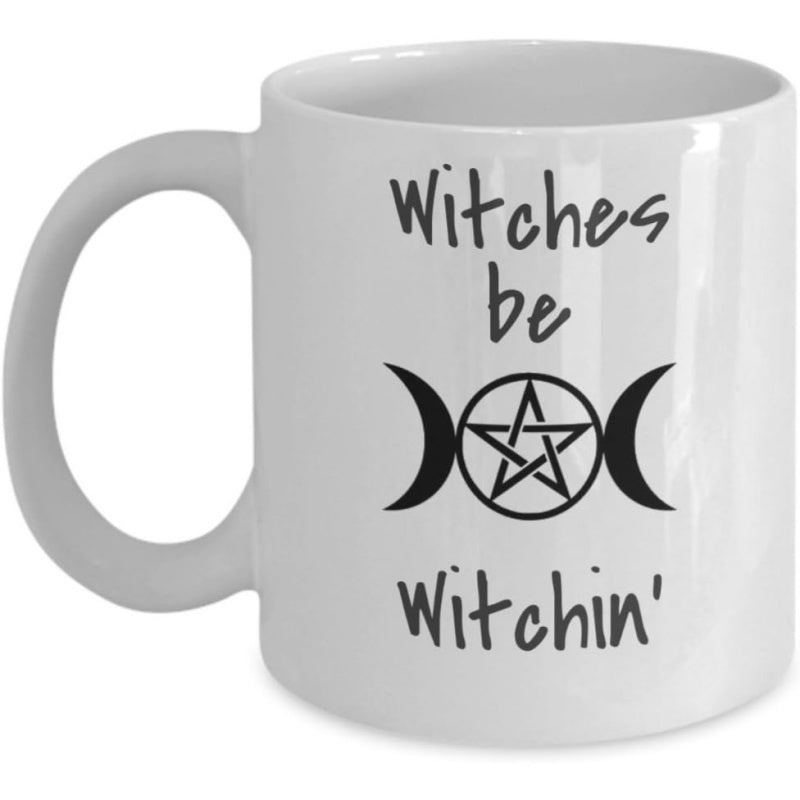 Tailorly White Ceramic 11 oz Mug - Witches Be Witchin Triple Moon Symbol With Pentagram Surrounded By Mystical Celestial Dark Night Symbol