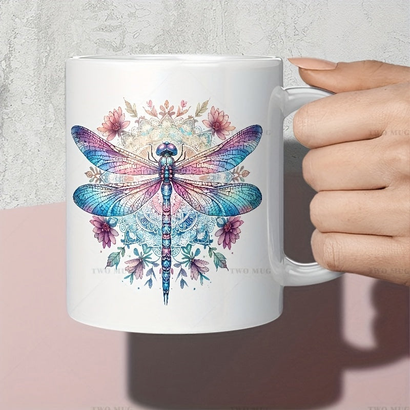 Tailorly White Ceramic 11 oz Mug - Intricate Iridescent Wings Hovering Over Delicate Floral Mandala Patterned Background Dragonfly