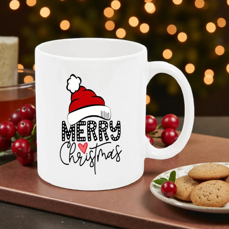 Tailorly White Ceramic 11 oz Mug - Merry Christmas Festive Red Santa Hat With Small Heart On