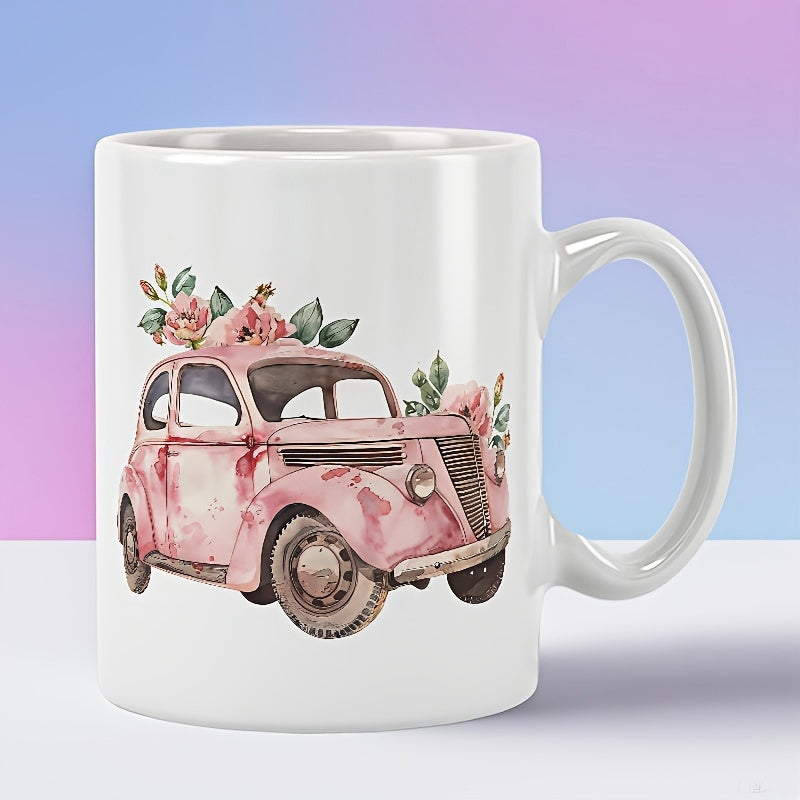 Tailorly White Ceramic 11 oz Mug - Vintage Style Pink Automobile Adorned With Romantic Pink Flowers And Leaves Car