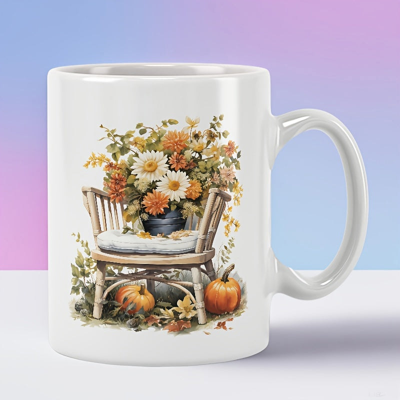 Tailorly White Ceramic 11 oz Mug - Rustic Wooden Chair Holding Autumn Blossoms Near Harvest Pumpkins Under Sunlight Flower