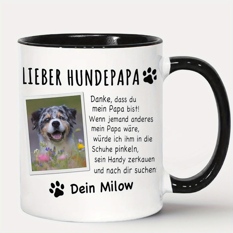 Tailorly Black Accent 11 oz Mug - dog dad or dog mom text with custom name date message and dog illustration
