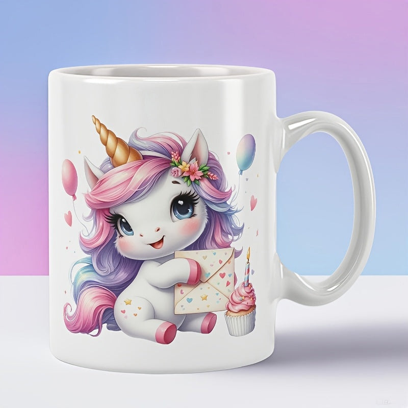 Tailorly White Ceramic 11 oz Mug - Adorable Mythical Creature Holding A Love Letter With Pastel Hair And Flowers Unicorn
