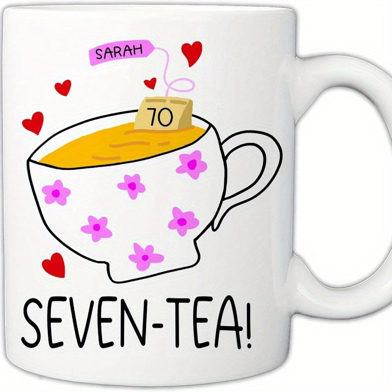 Tailorly White Ceramic 11 oz Mug - Sarah Seven Tea Cartoon Floral Teacup Surrounded By Small Red Floating Hearts Teacup
