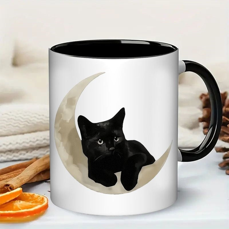 Tailorly Black Accent 11 oz Mug - black cat on moon