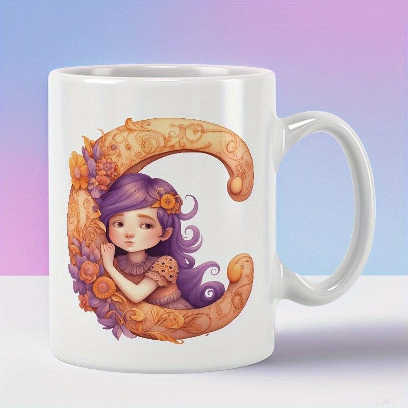 Tailorly White Ceramic 11 oz Mug - C Ornate Floral Design Featuring A Dreaming Purple Haired Girl