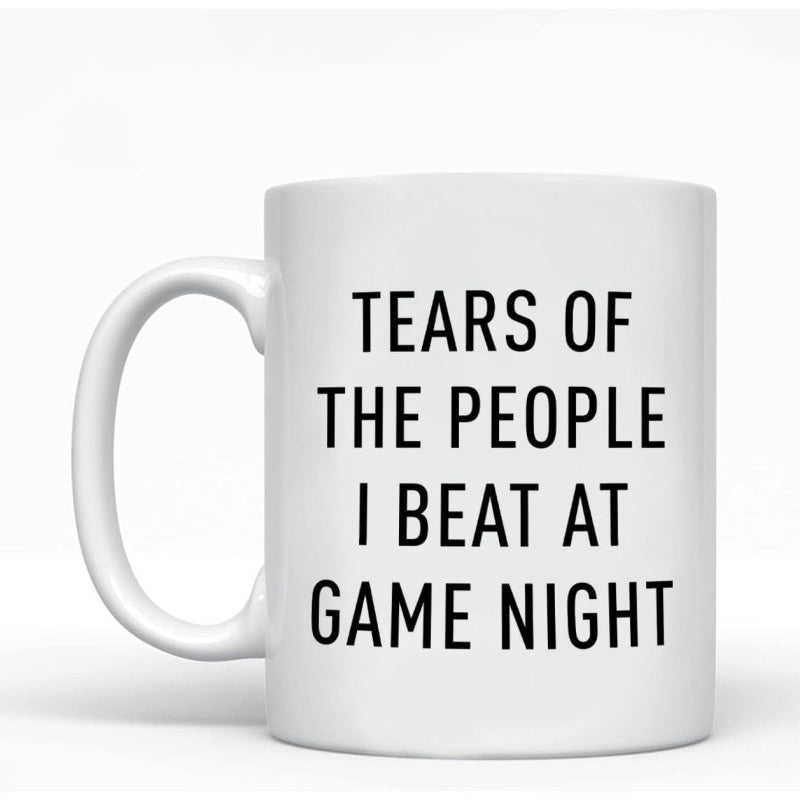 Tailorly White Ceramic 11 oz Mug - Tears Of The People I Beat At Game Night Minimalist Ceramic Surface Featuring Bold Black Lettering Style Mug