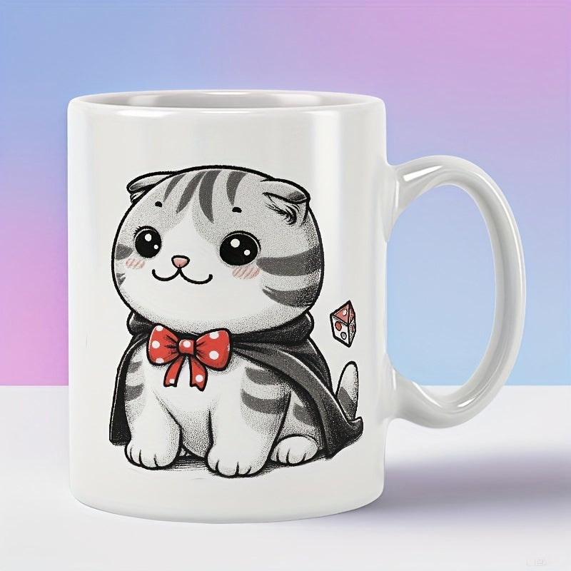 Tailorly White Ceramic 11 oz Mug - Adorable Grey Striped Kitten Wearing Black Cape And Red Polka Dot Bow Cat