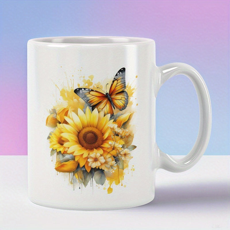 Tailorly White Ceramic 11 oz Mug - Vibrant Yellow Petals With Butterfly Resting Upon Blooming Summer Garden Sunflower