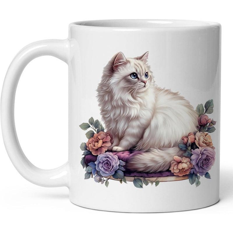 Tailorly White Ceramic 11 oz Mug - Elegant Fluffy White Feline Resting Among Vibrant Blooming Rose Flowers Cat