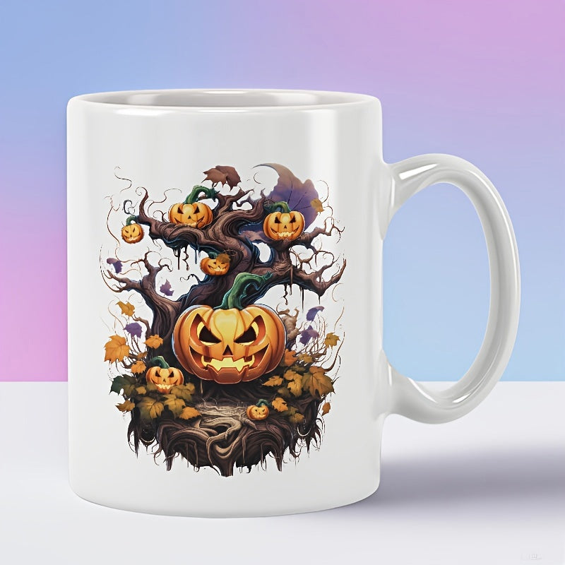 Tailorly White Ceramic 11 oz Mug - Spooky Gnarled Branches Growing Glowing Carved Pumpkins Among Falling Autumn Leaves Tree