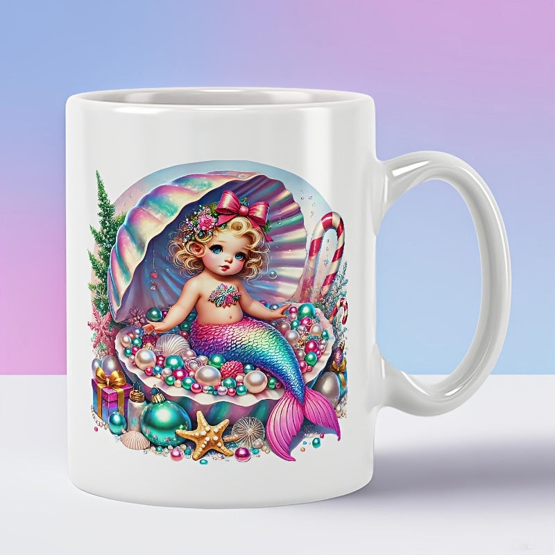 Tailorly White Ceramic 11 oz Mug - Little Character Inside Shimmering Pearl Seashell With Festive Candy Cane Mermaid
