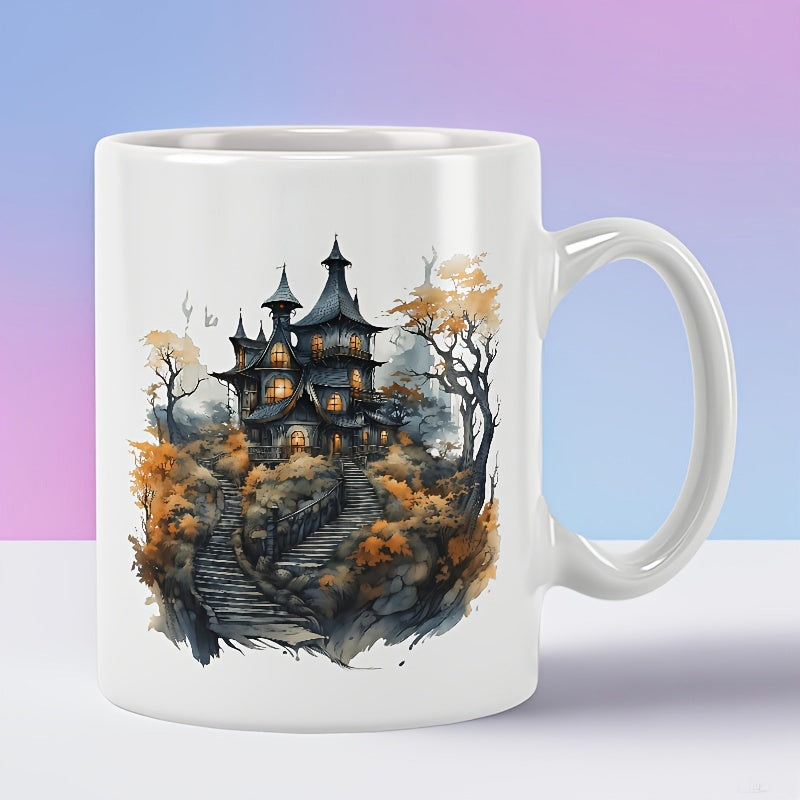 Tailorly White Ceramic 11 oz Mug - Spooky Dark Fantasy Mansion Among Autumn Trees With Winding Stone House