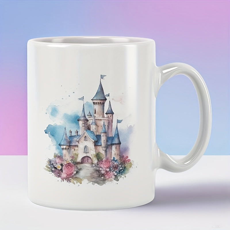 Tailorly White Ceramic 11 oz Mug - Whimsical Watercolor Fairytale Building With Pastel Flowers And Blue Spires Castle