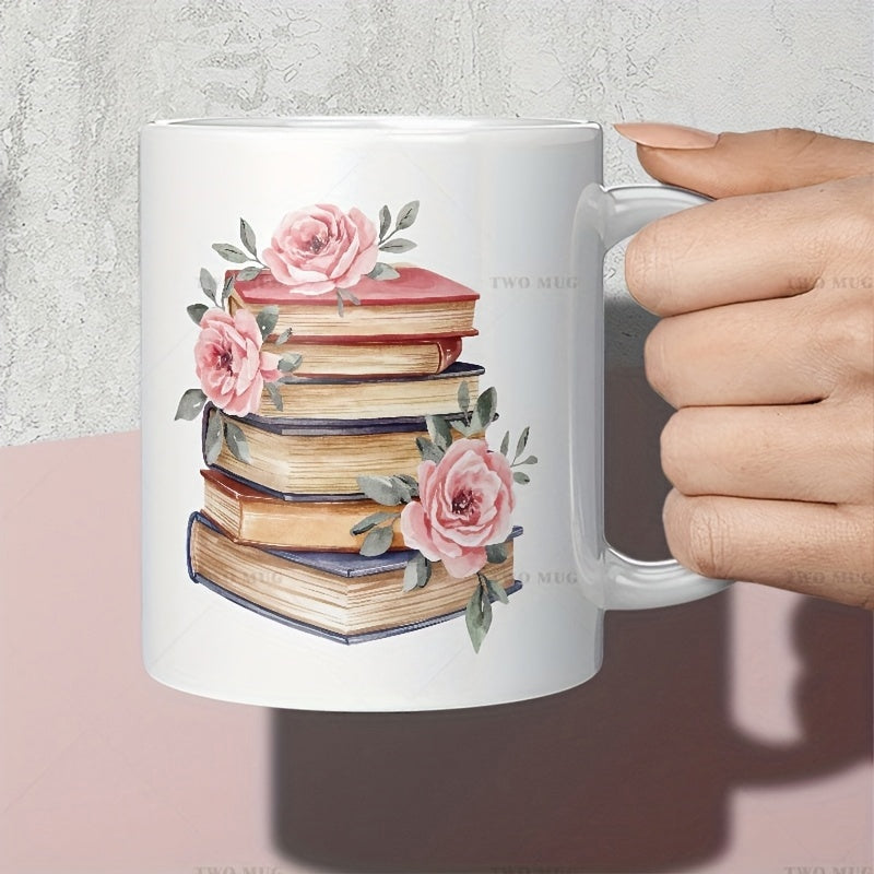 Tailorly White Ceramic 11 oz Mug - Watercolor Style Pink Roses Blossoming Around Vintage Stacks Of Literature Book