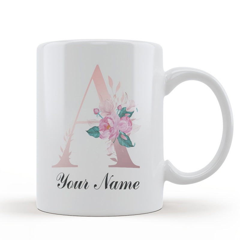 Tailorly White Ceramic 11 oz Mug - Your Name Elegant Watercolor Pink Roses And Green Leaves Adorning A Large Serif Letter