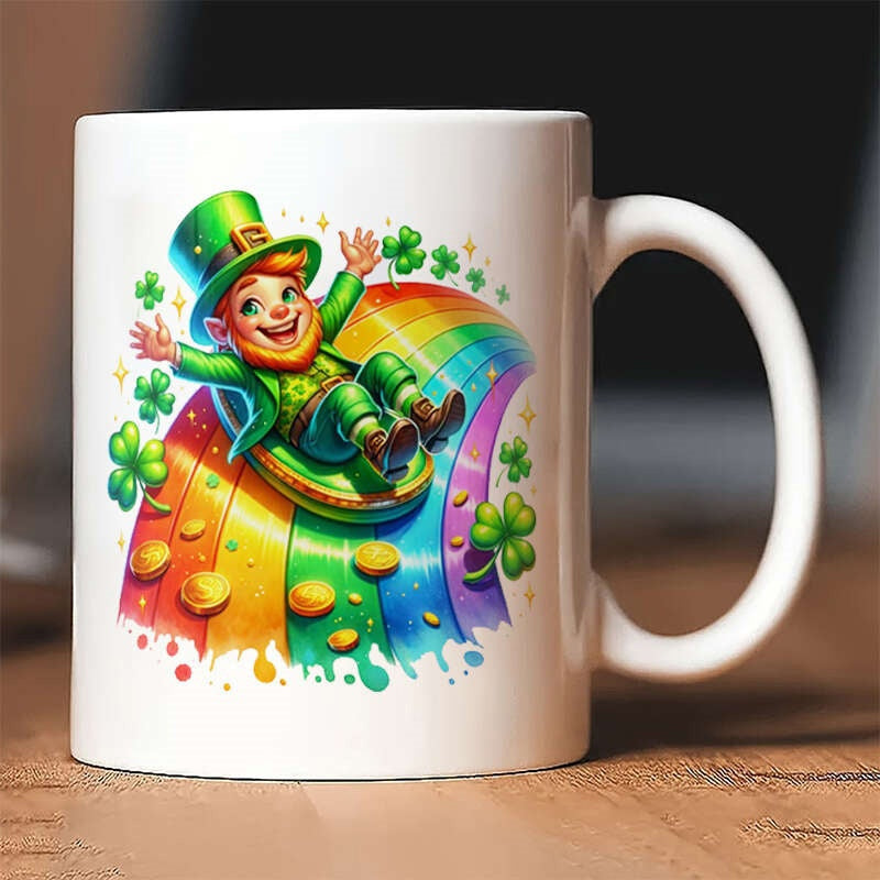 Tailorly White Ceramic 11 oz Mug - Jolly Leprechaun Sliding Down A Colorful Rainbow With Shamrocks And Golden Coins Leprechaun