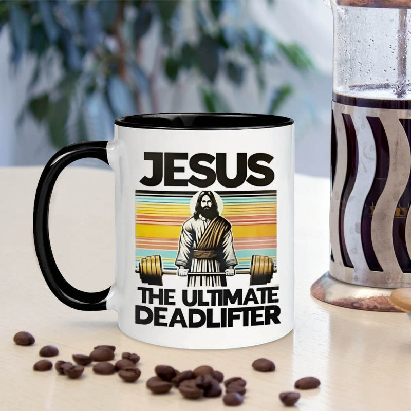 Tailorly Black Accent 11 oz Mug - jesus deadlifting illustration