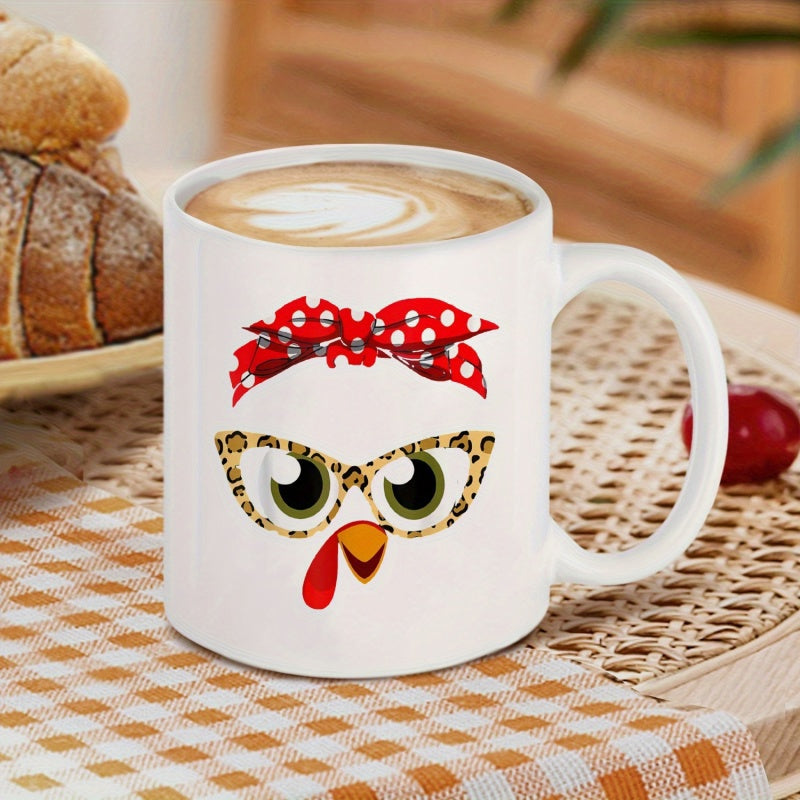 Tailorly White Ceramic 11 oz Mug - Festive Thanksgiving Design Featuring Red Polka Dot Bandana And Leopard Glasses Turkey