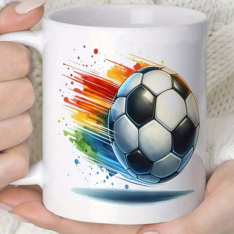 Tailorly White Ceramic 11 oz Mug - Vibrant Rainbow Splatter Motion Trailing Behind A Flying Sports Soccer Ball