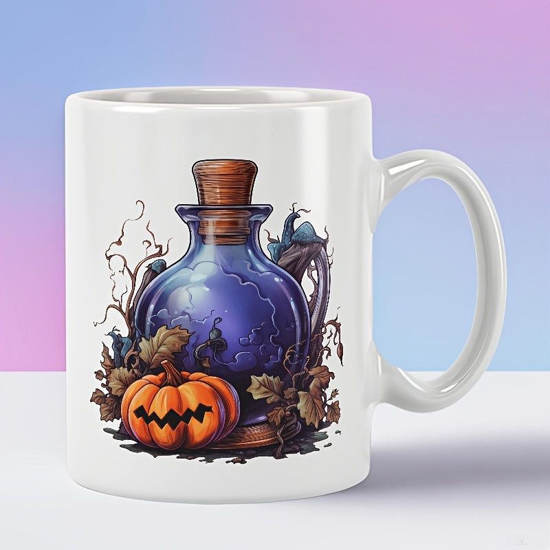 Tailorly White Ceramic 11 oz Mug - Magic Blue Liquid Glass Bottle With Carved Halloween Orange Jack Lantern Potion