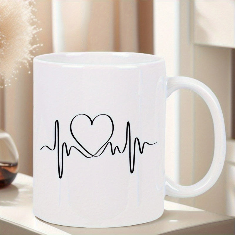 Tailorly White Ceramic 11 oz Mug - Simple Black Line Pulse Rhythm Connected To A Minimalist Heart