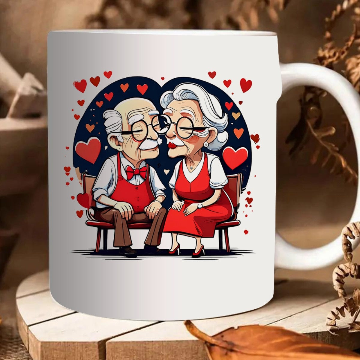 Tailorly White Ceramic 11 oz Mug - Charming Elderly Cartoon Characters Sitting On Bench Under Floating Red Hearts Couple