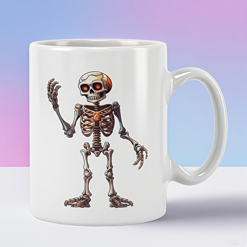 Tailorly White Ceramic 11 oz Mug - Cartoonized Stylized Human Bone Figure With Glowing Red Eyes And Gold Medallion Skeleton