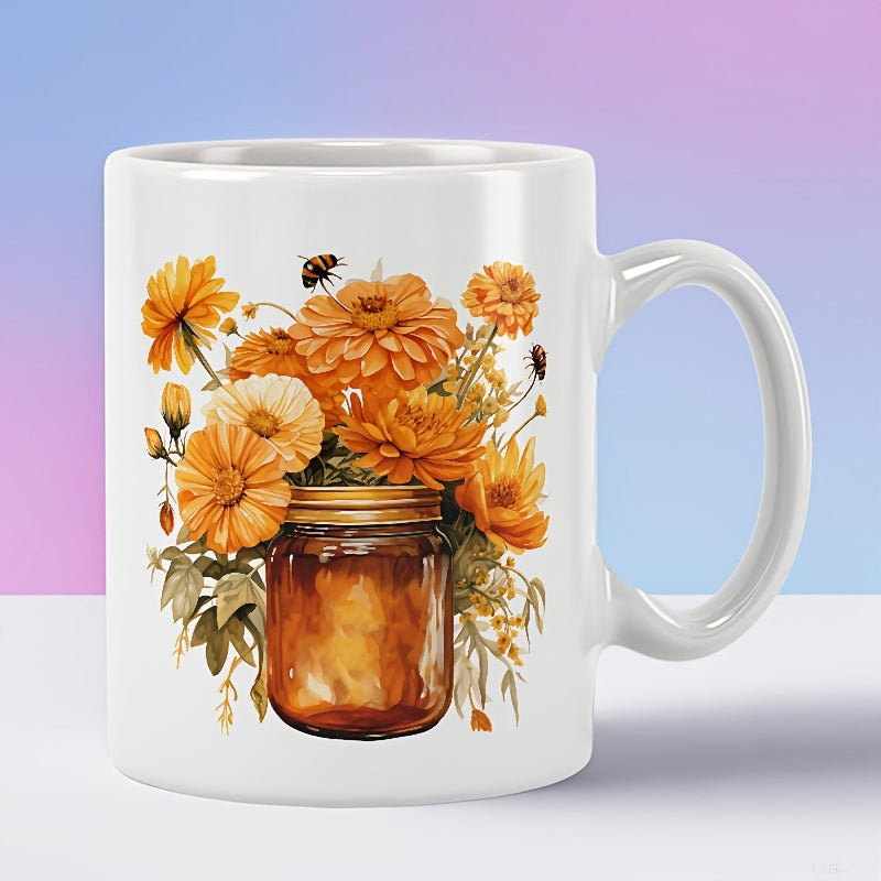 Tailorly White Ceramic 11 oz Mug - Vibrant Orange Marigolds Blooming Inside A Rustic Glass Mason Jar Flowers