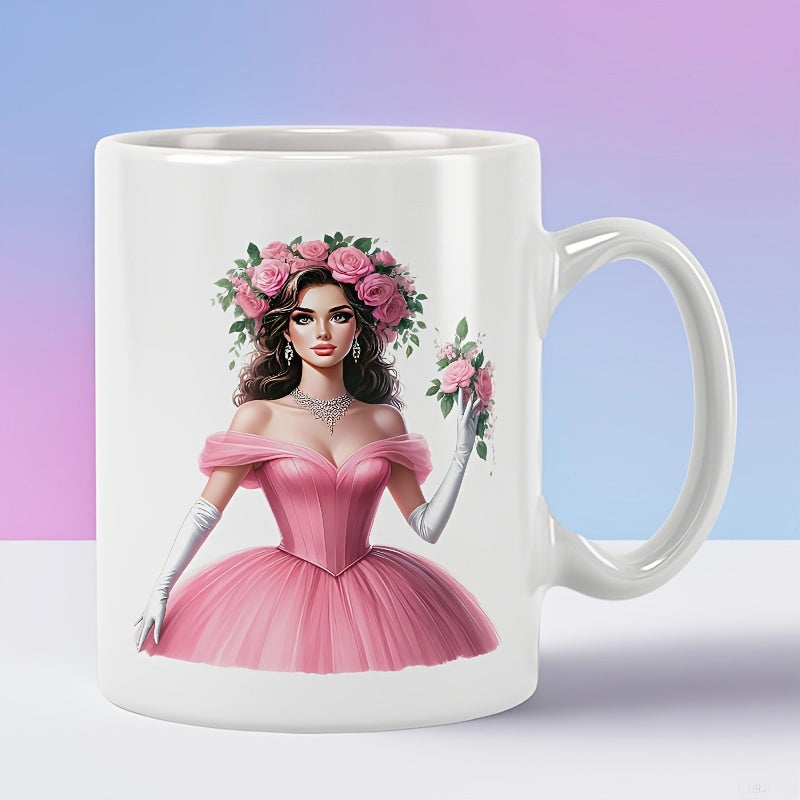 Tailorly White Ceramic 11 oz Mug - Elegant Lady In Pink Ballgown Wearing Floral Rose Crown And White Gloves Woman