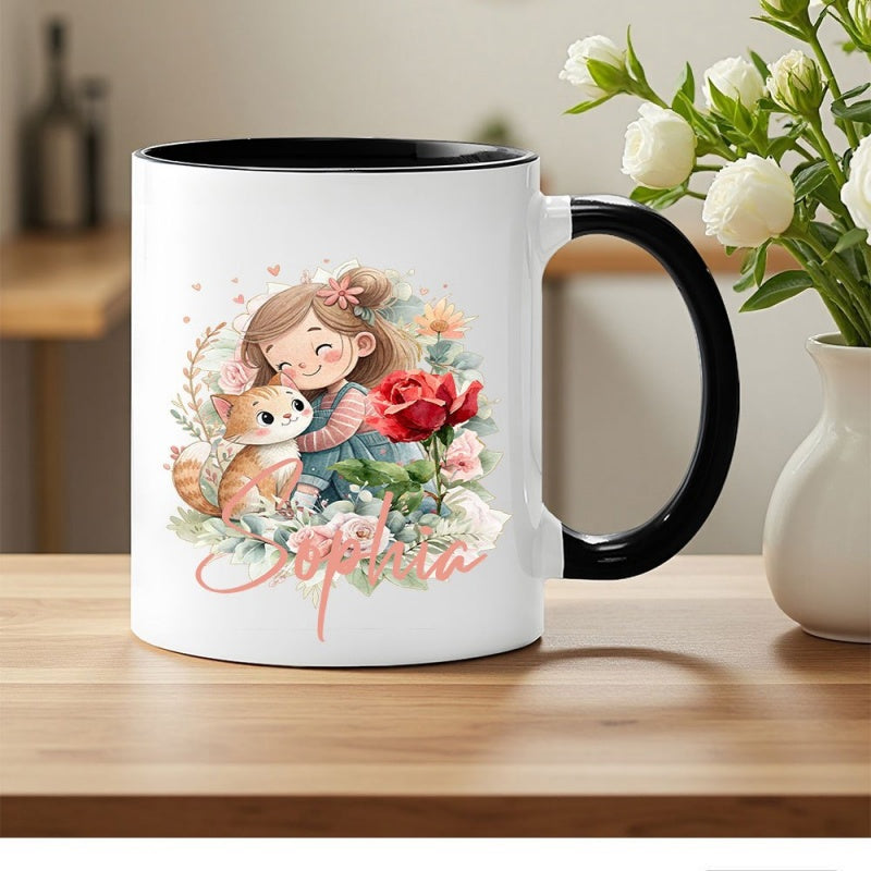 Tailorly Black Accent 11 oz Mug - a healing illustration with a bun hairstyle holding an orange and white kitten