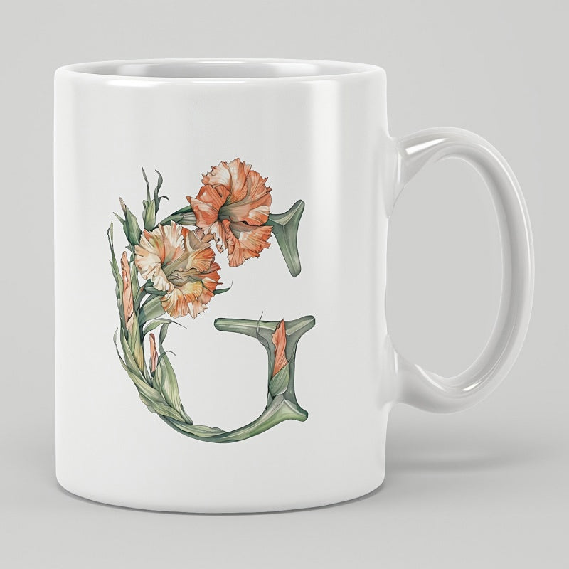 Tailorly White Ceramic 11 oz Mug - Elegant Botanical Illustration Featuring Soft Peach Flowers And Leaves Letter G