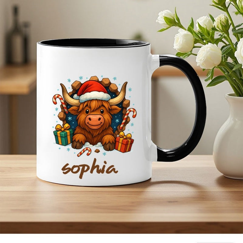 Tailorly Black Accent 11 oz Mug - highland cow with christmas hat