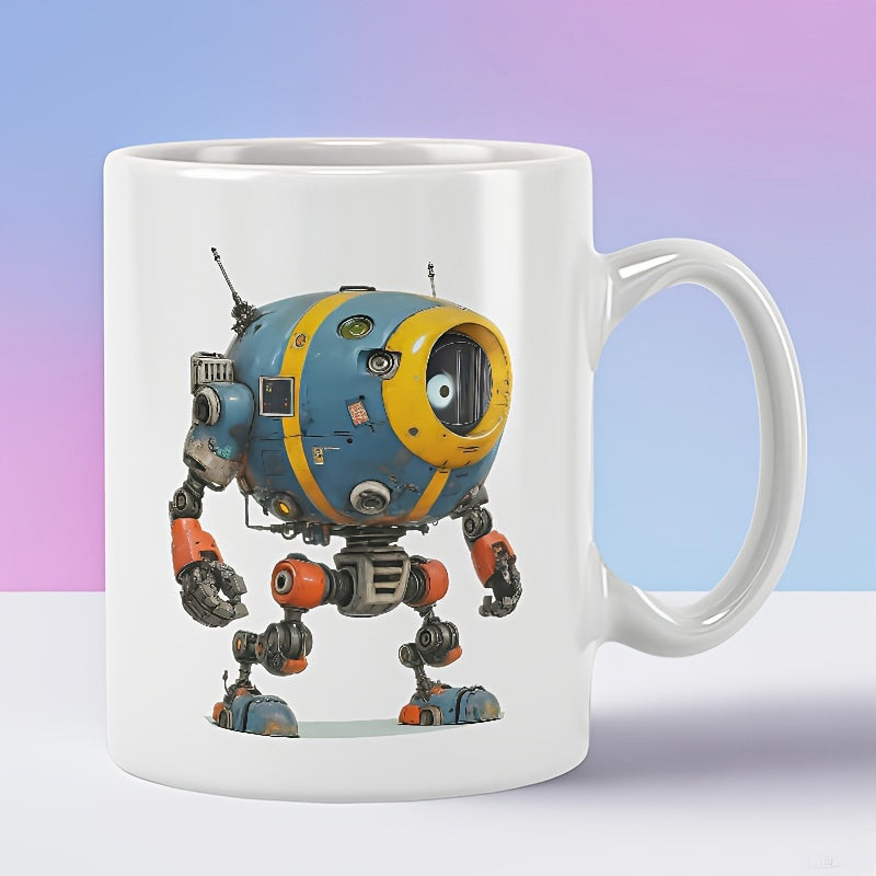 Tailorly White Ceramic 11 oz Mug - Spherical Blue And Yellow Mechanical Droid Standing On Sturdy Metallic Legs Robot