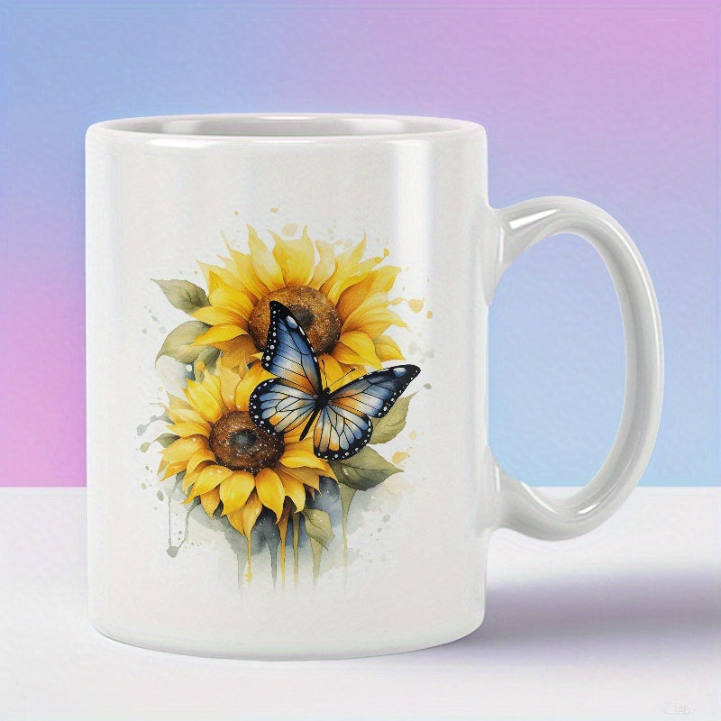 Tailorly White Ceramic 11 oz Mug - Vibrant Watercolor Sunflowers With Delicate Wings Resting Among Blooming Petals Butterfly