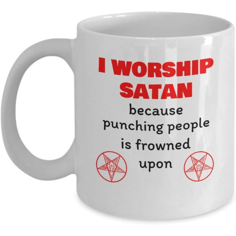 Tailorly White Ceramic 11 oz Mug - I Worship Satan Because Punching People Is Frowned Upon Bold Red Symbols With Dark Humorous Slogan Featuring Occult Sacred