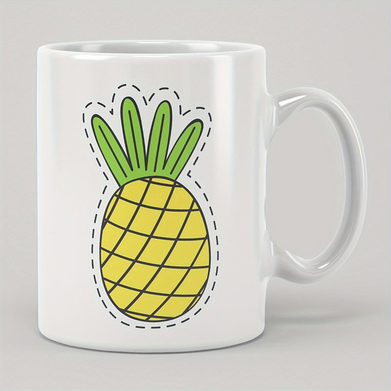 Tailorly White Ceramic 11 oz Mug - Vibrant Yellow Tropical Fruit With Stylized Green Leaves And Dotted Outline Pineapple