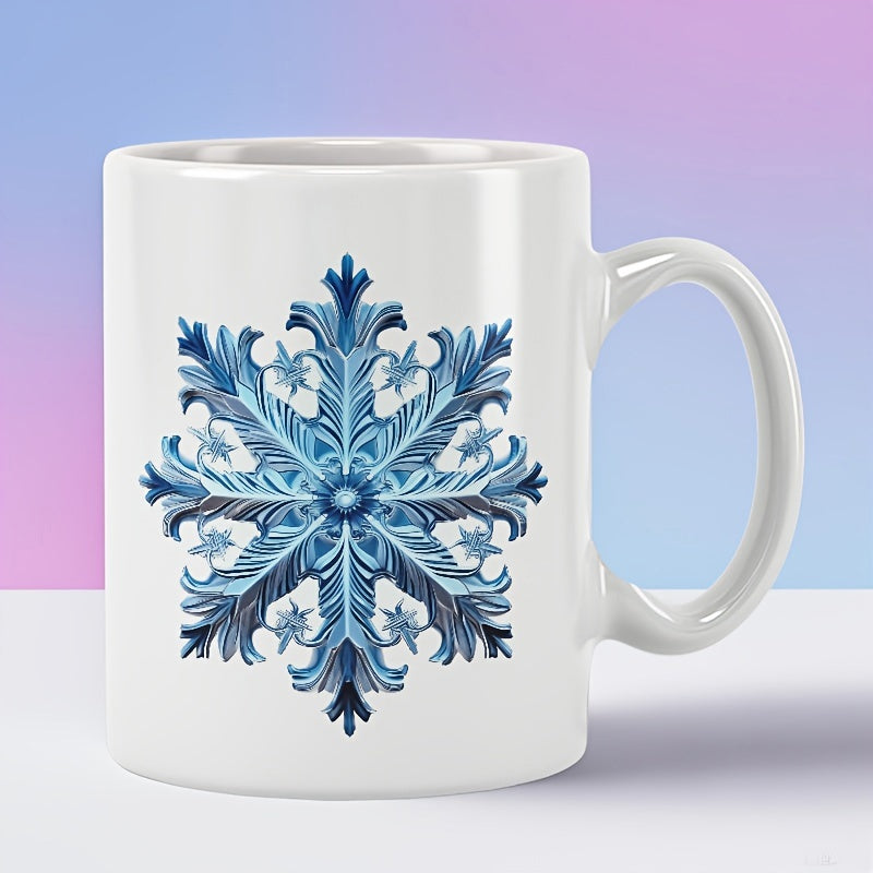 Tailorly White Ceramic 11 oz Mug - Elegant Symmetrical Blue Pattern With Artistic Ornate Ice Crystal Snowflake