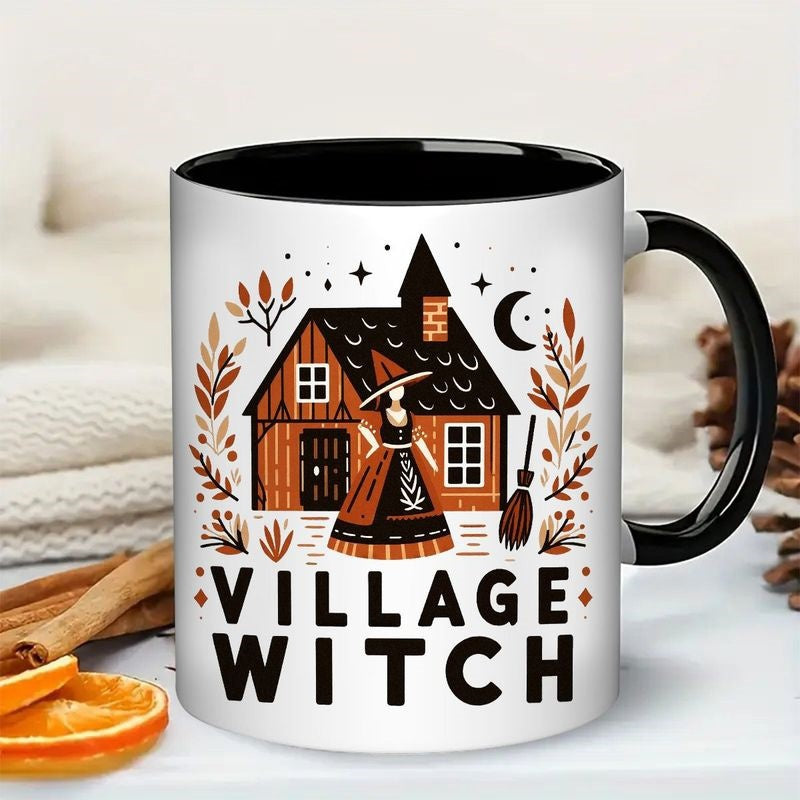 Tailorly Black Accent 11 oz Mug - witch house and broom
