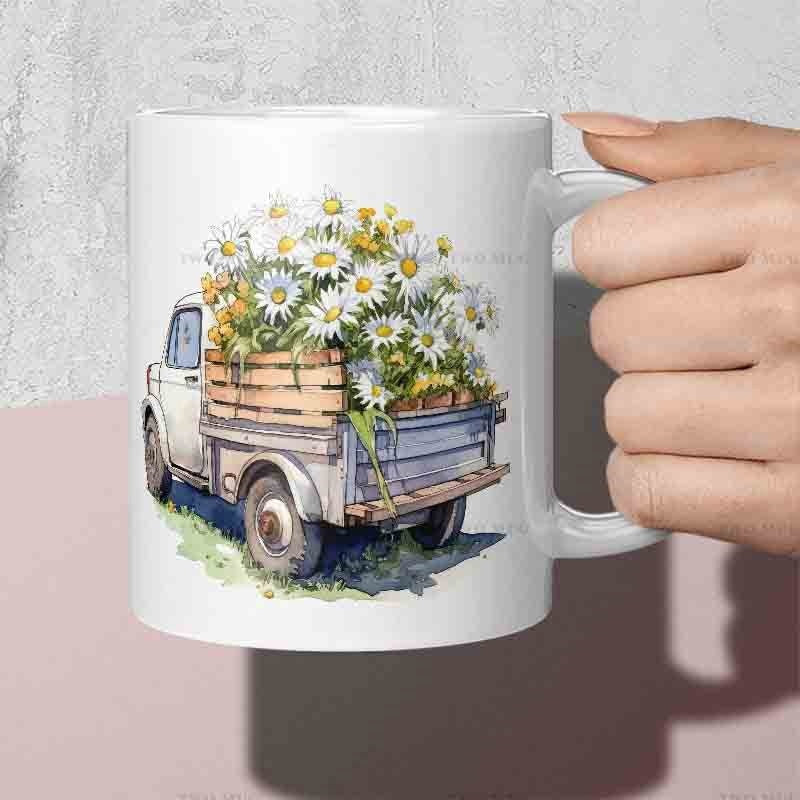 Tailorly White Ceramic 11 oz Mug - Rustic Watercolor Farmhouse Scene With Crate Of Blooming White Daisies Truck