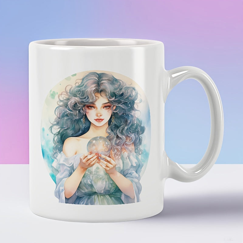 Tailorly White Ceramic 11 oz Mug - Ethereal Mystical Young Woman Holding A Glowing Magic Sphere Girl