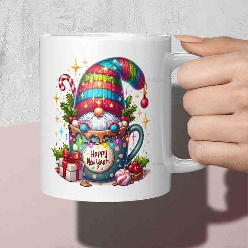 Tailorly White Ceramic 11 oz Mug - Happy New Year Colorful Striped Hat Sitting Inside Festive Mug Surrounded By Holiday Decorations Gnome